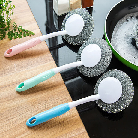 Wholesale Kitchen Cleaning Brush Stainless Steel Wire Ball Kitchen Hanging Cleaning Long Handled Wire Ball Brush