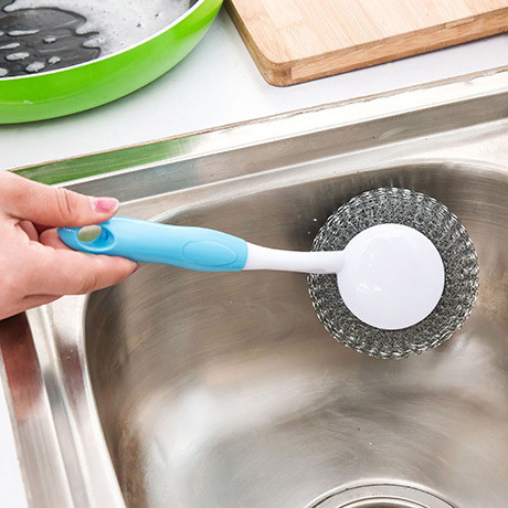 Wholesale Kitchen Cleaning Brush Stainless Steel Wire Ball Kitchen Hanging Cleaning Long Handled Wire Ball Brush