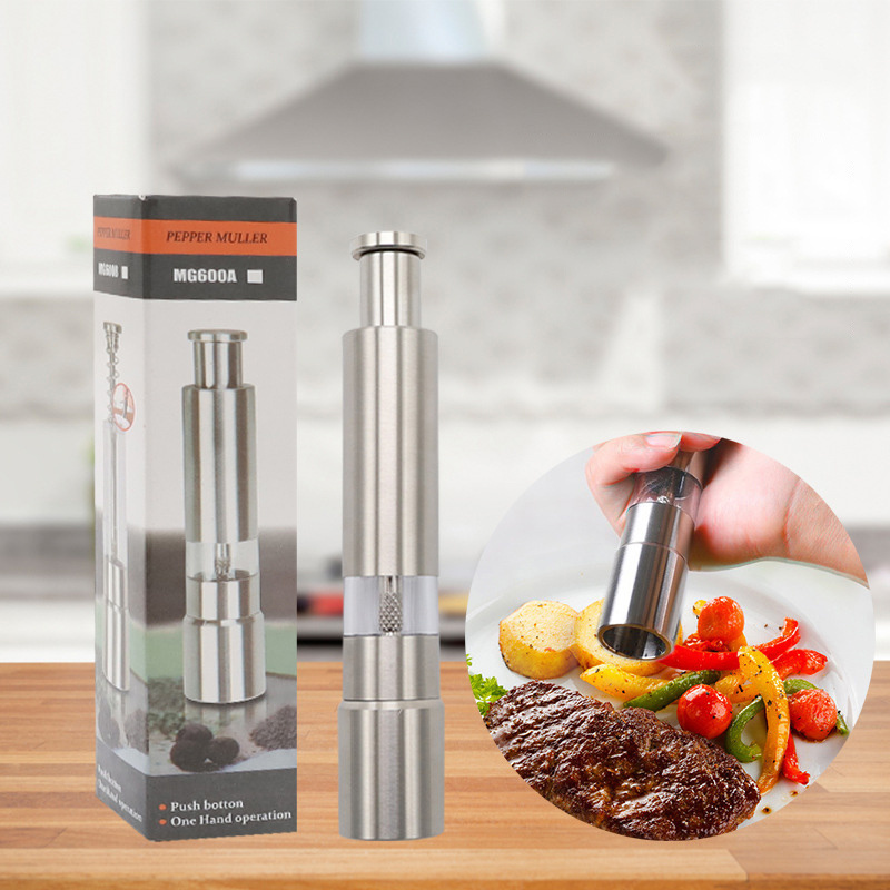 Stainless Steel Manual Pepper Mill Kitchen Thumb Push Salt Spice Sauce Grinder Pepper Mill One-handed Pepper Grinder