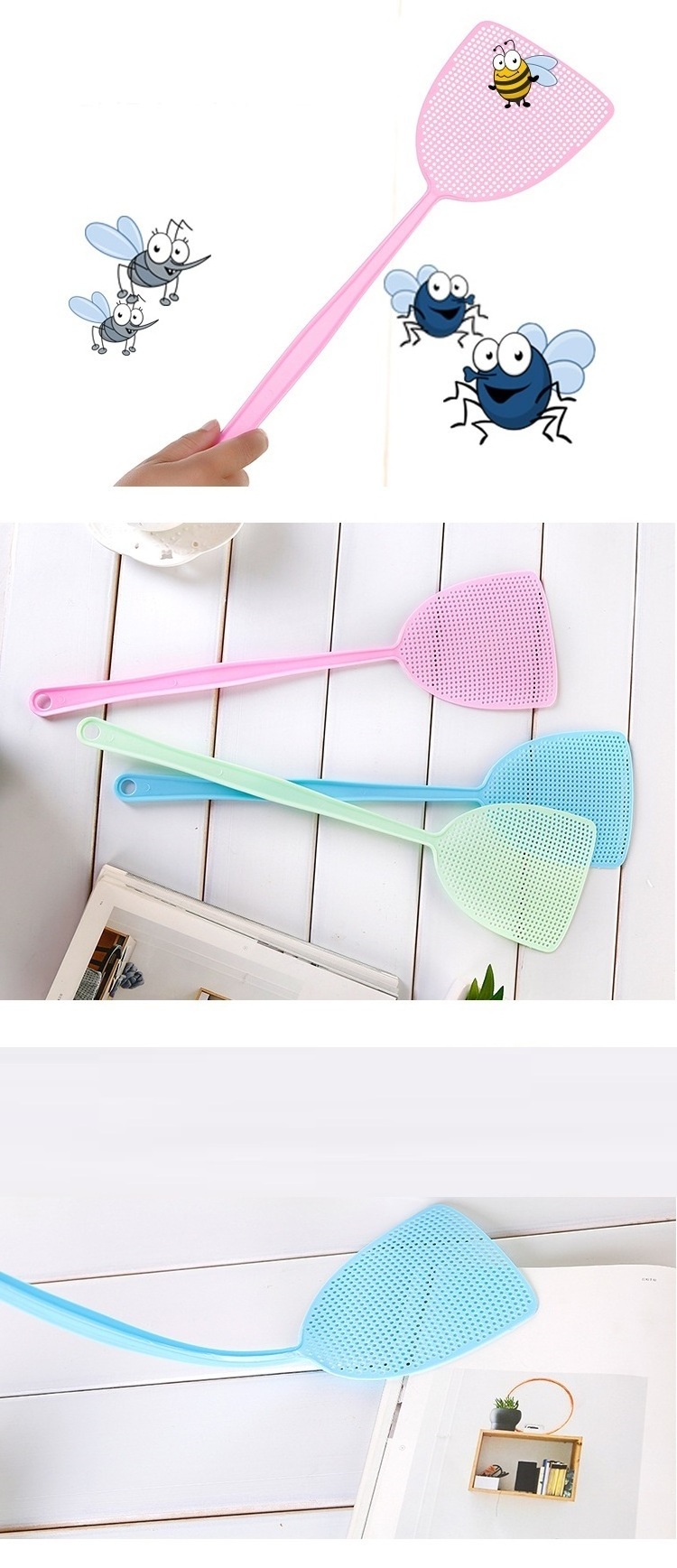 Fly Swatter Pest Control Manual Plastic Durable Long Handle Solid Color Home Bee Bug Mosquito Repellent Tool