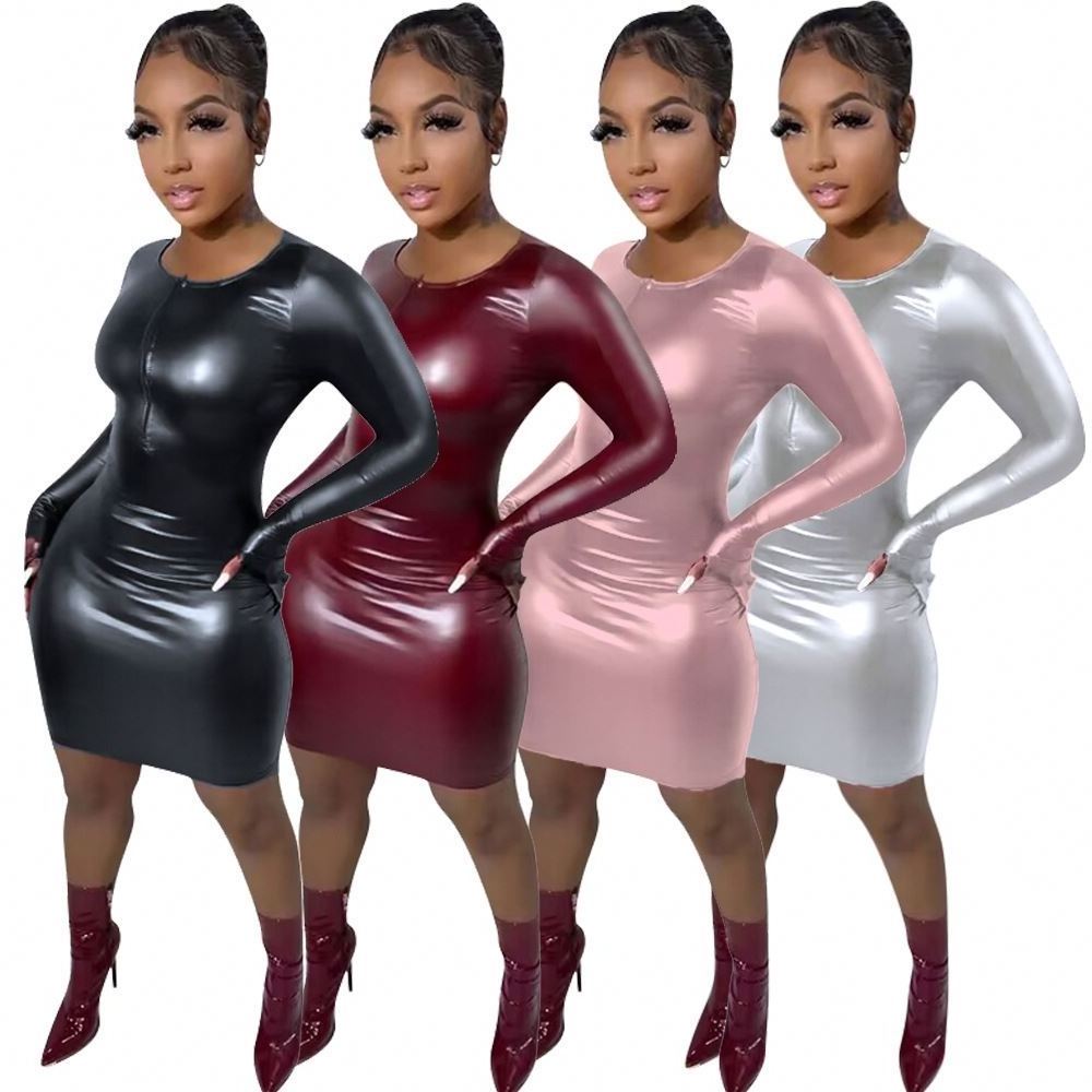 Sexy Dress For Sex Night Club Long Sleeve Casual Dresses Skinny Stretch Mature Women Short Tight Mini Leather