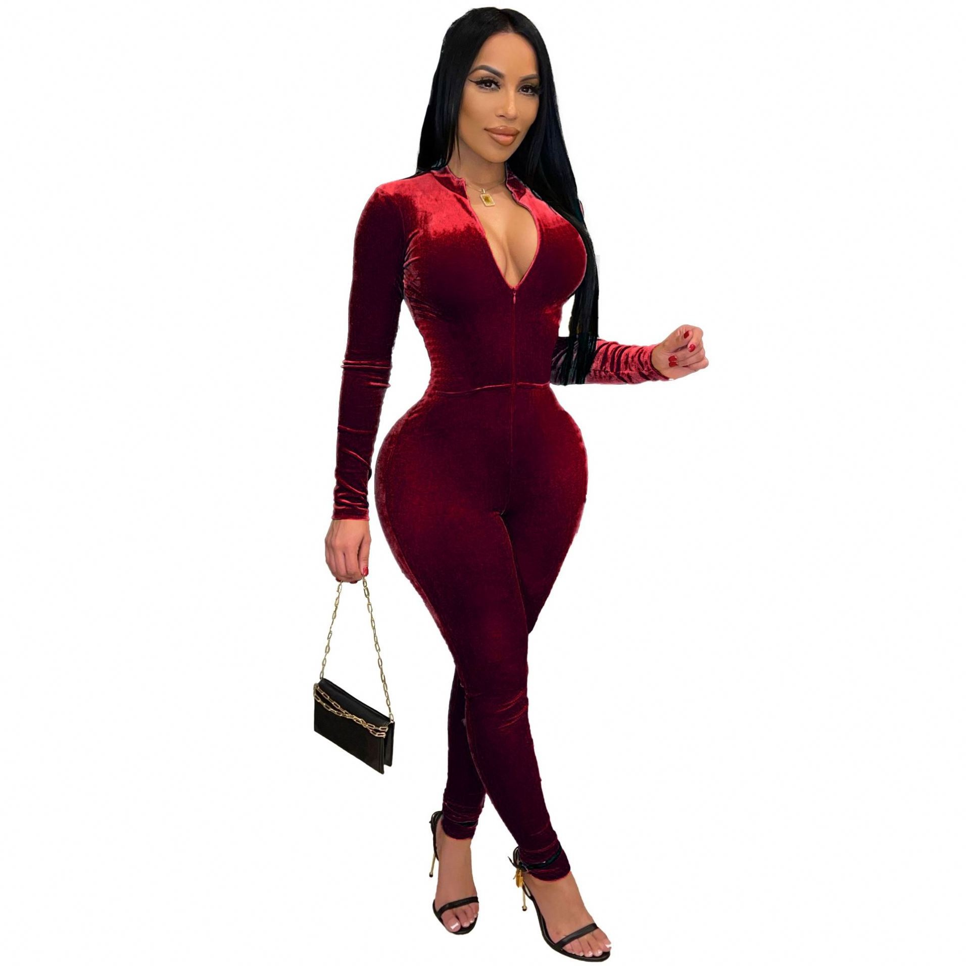 One Piece Zipper Skinny Club Wear Elegant Velvet Bodysuit Winter Bodycon Long Sleeve Jumpsuit Women