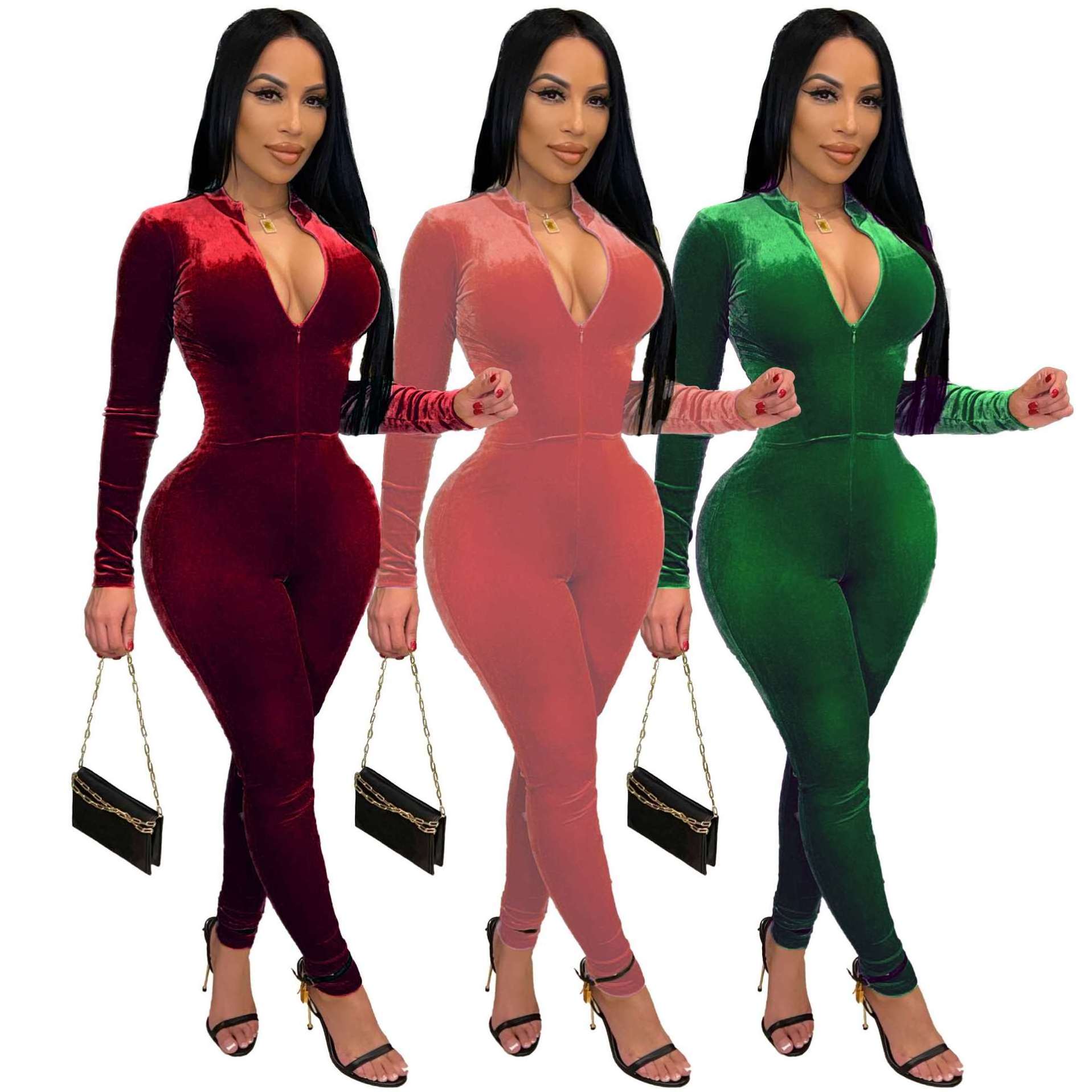 One Piece Zipper Skinny Club Wear Elegant Velvet Bodysuit Winter Bodycon Long Sleeve Jumpsuit Women