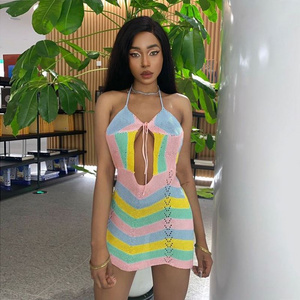 Summer Body Con Mini Knitted Luxury Women's Sweater Sexy Halter Colorful Swimsuit Beach Crochet Dress