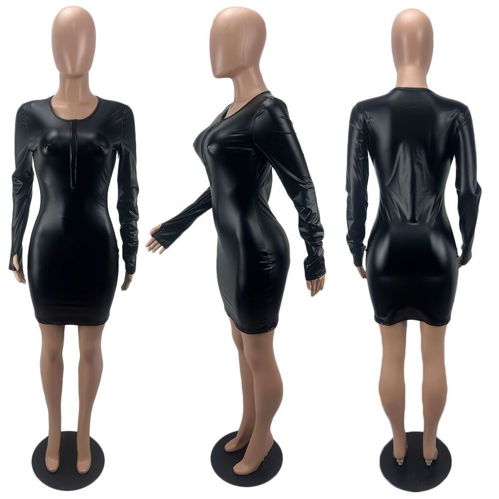 Sexy Dress For Sex Night Club Long Sleeve Casual Dresses Skinny Stretch Mature Women Short Tight Mini Leather