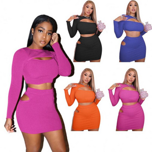 Spring Hollow Out Two Sexy Bodycon Piece Short Girl's Mini Skirt And Top Set 2 Pieces Outfit