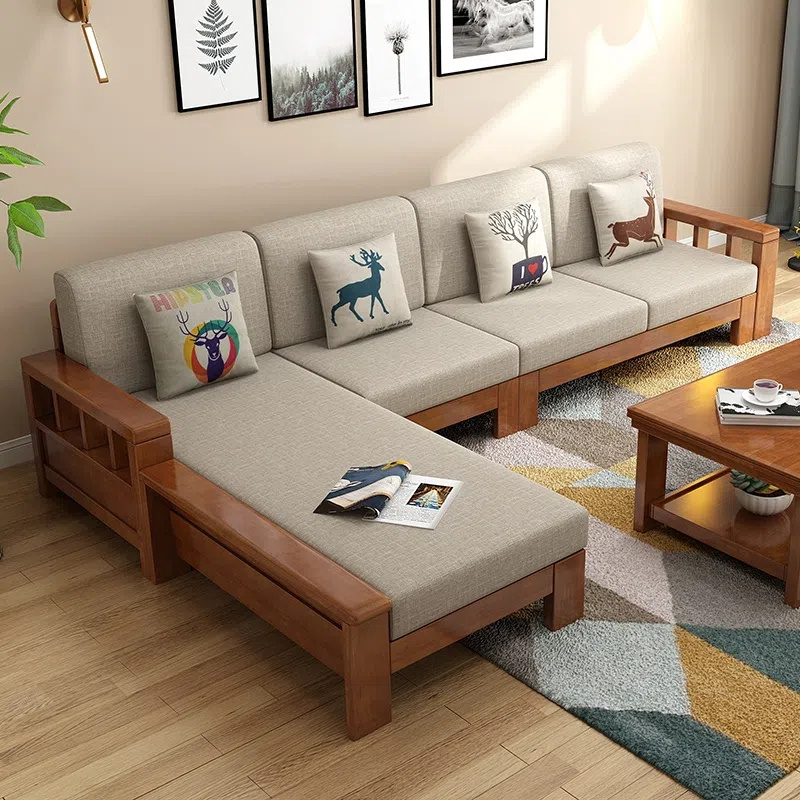 Living room full solid wood sofa combination of modern Chinese small apartment three solid wood fabric sofa bed