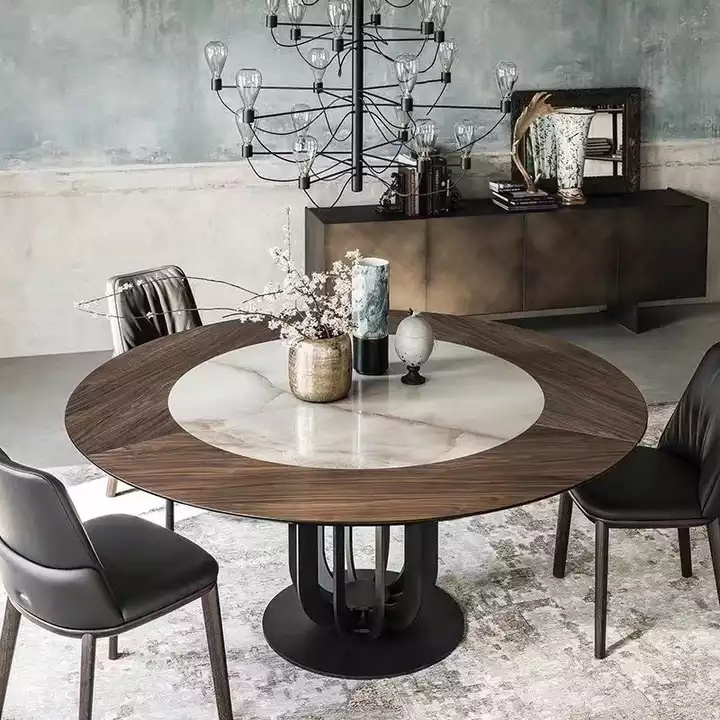 Dining Room Furniture Round Marble Solid Wood Table Top With Rotating Lazy Susan Aluminum Table Base Marble Dining Table