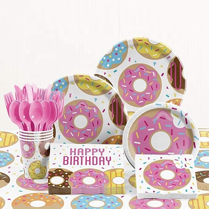 Donut Theme Party Supplies Pack (Serves-16) Dinner Plates, Luncheon Napkins, Cups, and Tablecloth - Supply Tableware Set Kit