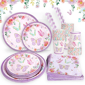 New Product Butterfly Birthday Party Decoration  Purple Girls Favor party Tableware Paper Plates Cups Napkins Party Supplies