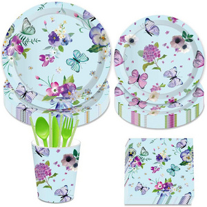 Brand New Butterfly Theme Birthday Party Decoration People Favor party Tableware Paper Plates Cups Napkins Party Supplies