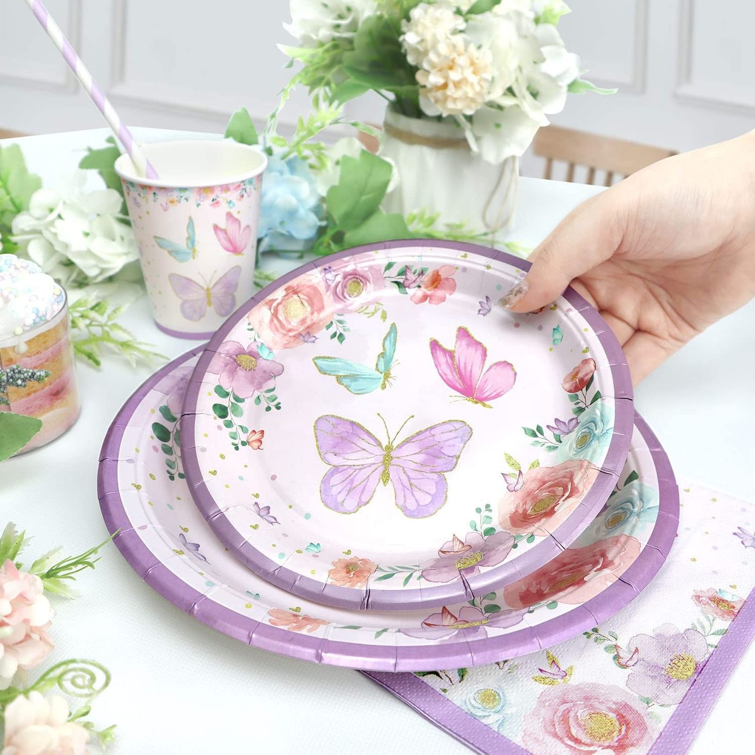 New Product Butterfly Birthday Party Decoration  Purple Girls Favor party Tableware Paper Plates Cups Napkins Party Supplies