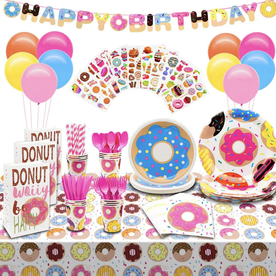 Donut Theme Party Supplies Pack (Serves-16) Dinner Plates, Luncheon Napkins, Cups, and Tablecloth - Supply Tableware Set Kit