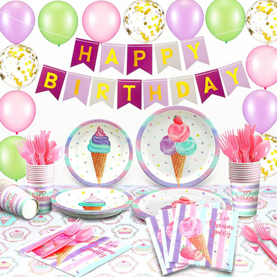 Ice Cream Birthday Party Decoration Kids Favor Party Supplies Paper Cup Plate Sweet Tableware