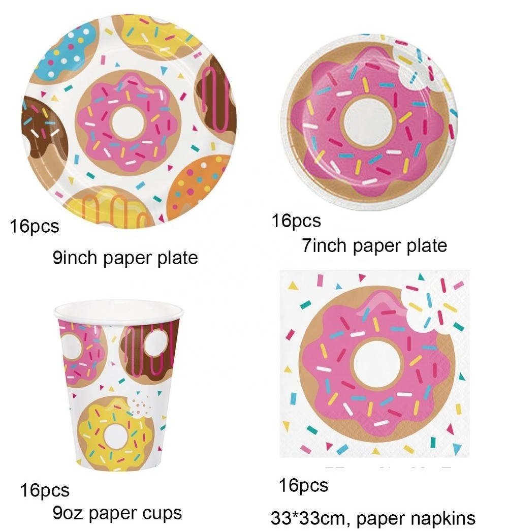 Donut Theme Party Supplies Pack (Serves-16) Dinner Plates, Luncheon Napkins, Cups, and Tablecloth - Supply Tableware Set Kit