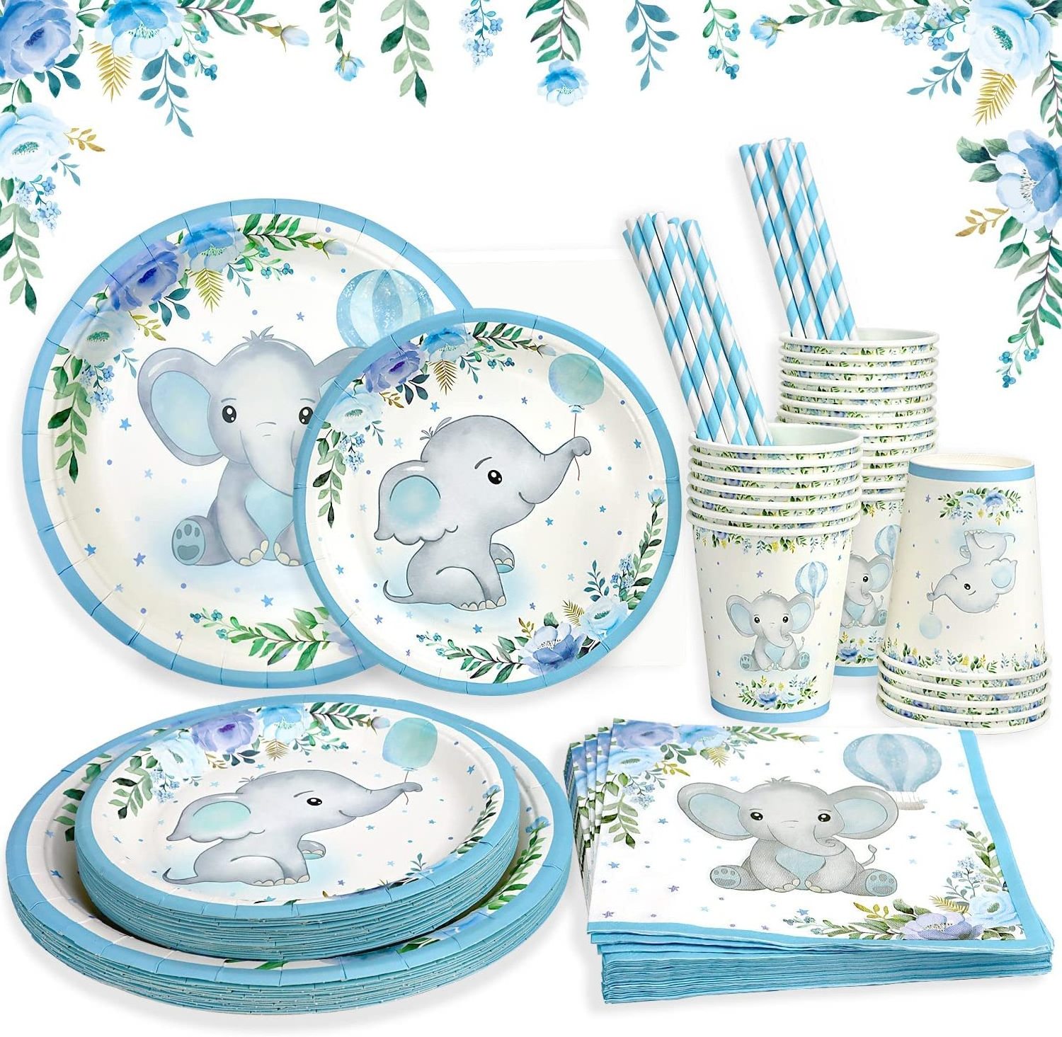 Baby Shower Party  Decoration  Blue Elephant party Tableware Boy Favor Party Supplies Paper Plate Cup Napkin