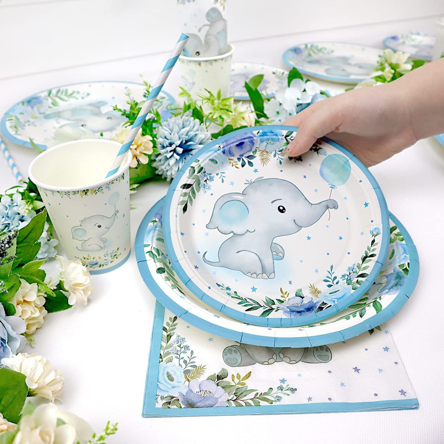 Baby Shower Party  Decoration  Blue Elephant party Tableware Boy Favor Party Supplies Paper Plate Cup Napkin