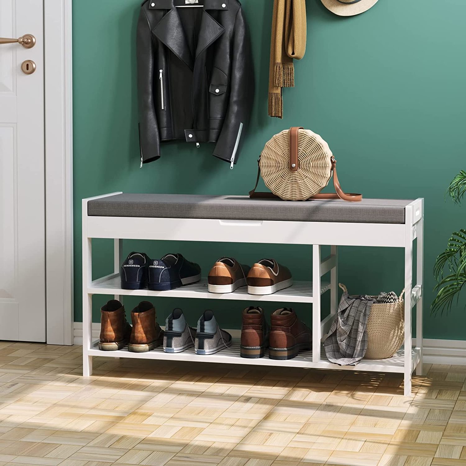 Wood Shoe Rack Cabinet Wooden Modern Bench Organizer Shoes Storage Shelf for Entryway Mudroom with Hidden Cabinet