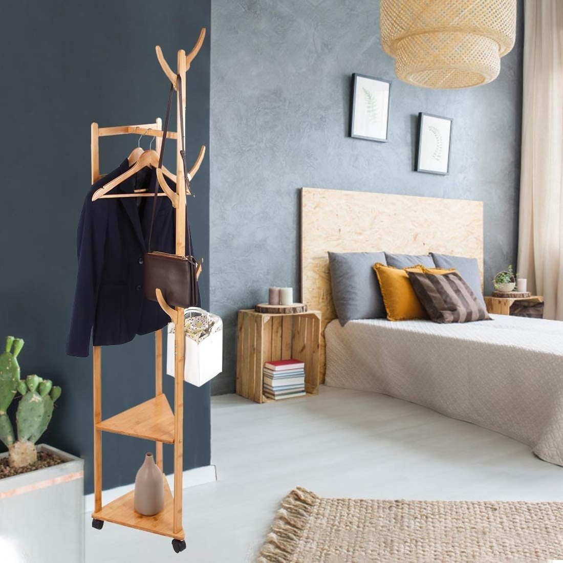 Bamboo Coat Rack Stand Versatile Corner Coat Tree Storage Shelf with 2 Storage shelves and 1 Hanging Rail