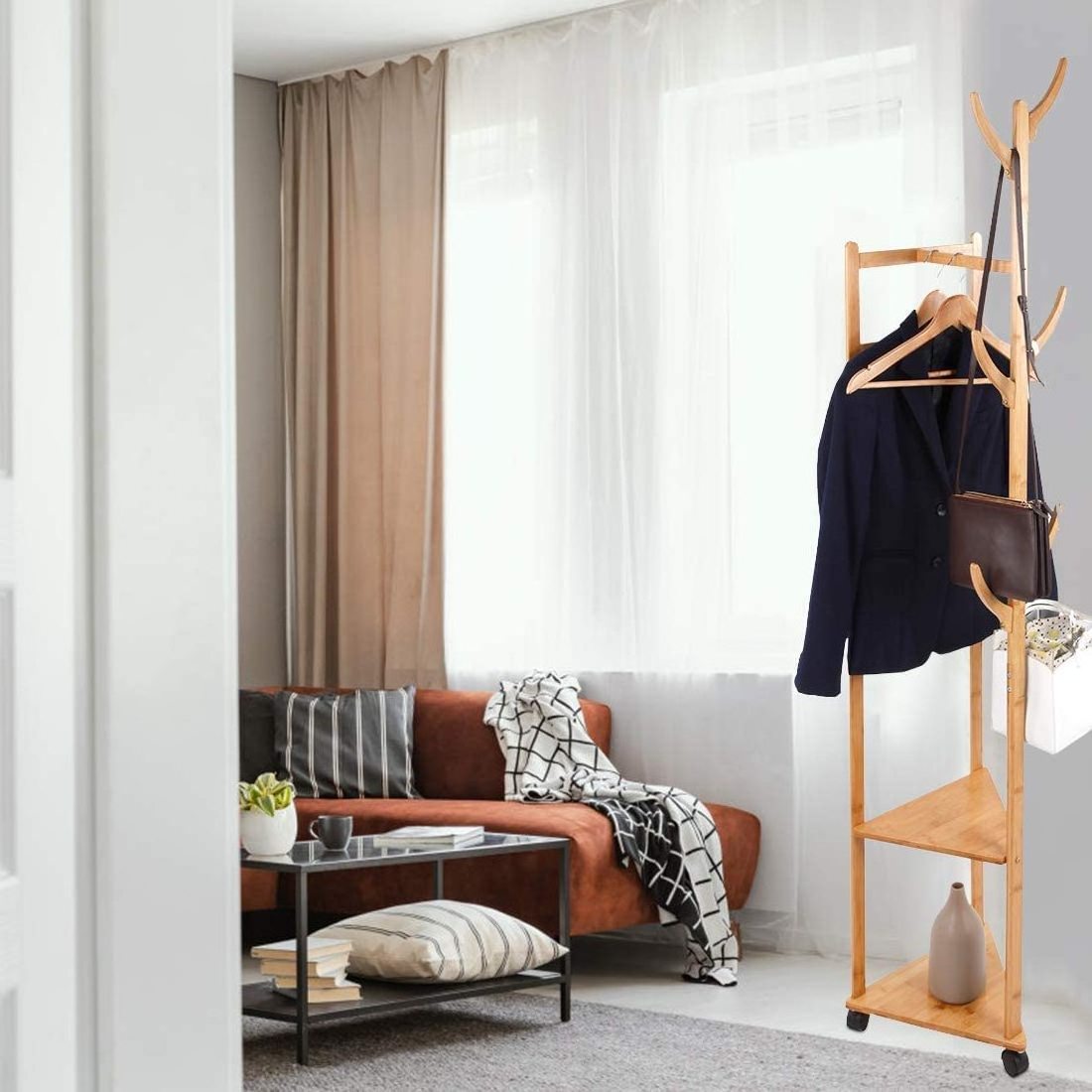 Bamboo Coat Rack Stand Versatile Corner Coat Tree Storage Shelf with 2 Storage shelves and 1 Hanging Rail