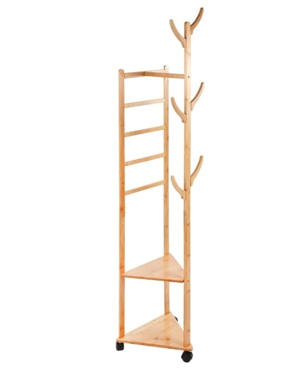 Bamboo Coat Rack Stand Versatile Corner Coat Tree Storage Shelf with 2 Storage shelves and 1 Hanging Rail