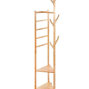 Bamboo Coat Rack Stand Versatile Corner Coat Tree Storage Shelf with 2 Storage shelves and 1 Hanging Rail