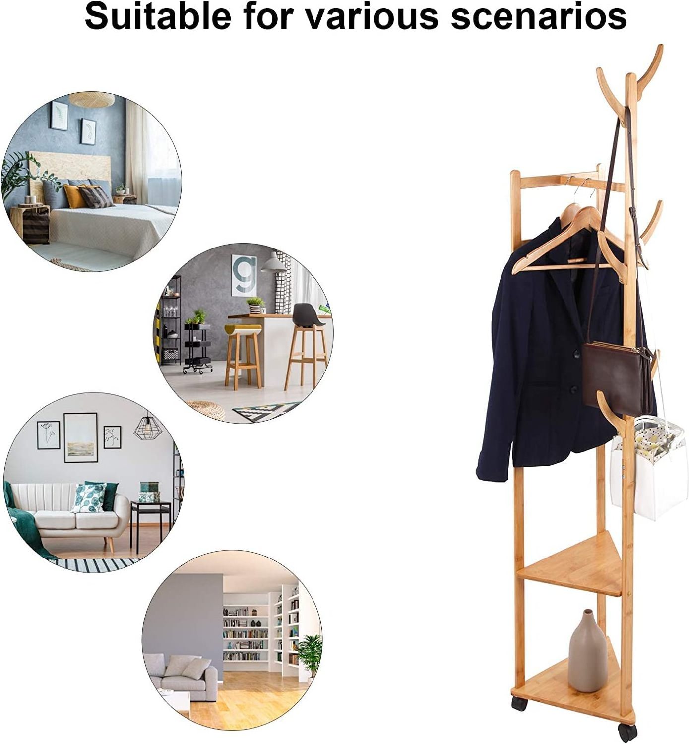 Bamboo Coat Rack Stand Versatile Corner Coat Tree Storage Shelf with 2 Storage shelves and 1 Hanging Rail