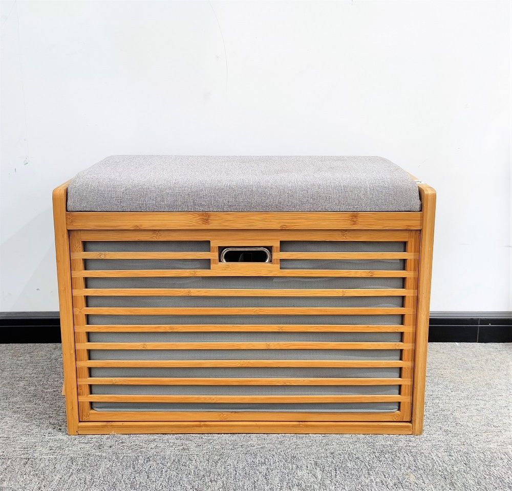 Bamboo Shoe Storage Bench With Two Shelves And Padded Seat Inclined Clothes Shoes Basket