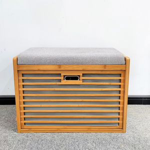 Bamboo Shoe Storage Bench With Two Shelves And Padded Seat Inclined Clothes Shoes Basket