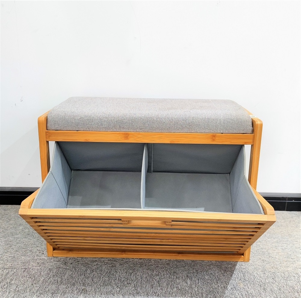 Bamboo Shoe Storage Bench With Two Shelves And Padded Seat Inclined Clothes Shoes Basket