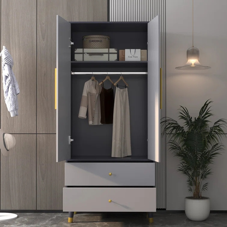 Sleek design custom made wardrobe two door closet storage cabinet wooden wardrobe with metal handle