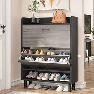 Vintage Shoe Organizer Rack 2-Tier Shoe Storage Cabinet with Flip Doors and Open Shelves for Narrow Entryway