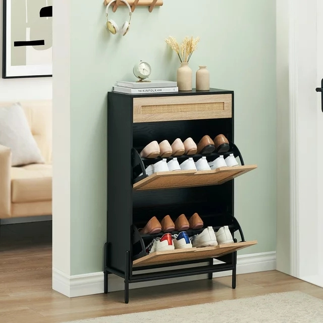 Rattan Entryway Shoe Cabinet Shoe Storage Organizer with Hidden Drawers and Open Shelves