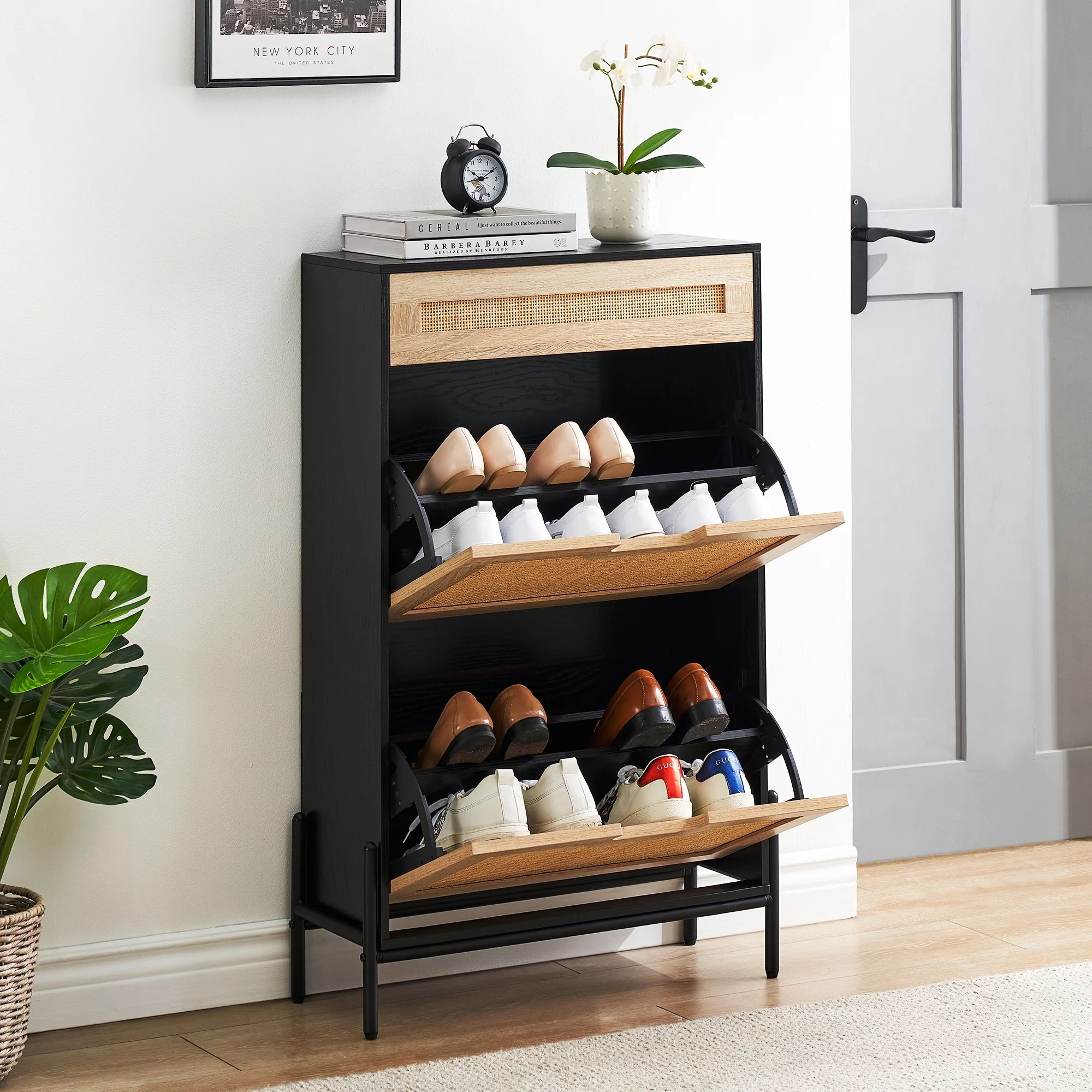 Rattan Entryway Shoe Cabinet Shoe Storage Organizer with Hidden Drawers and Open Shelves