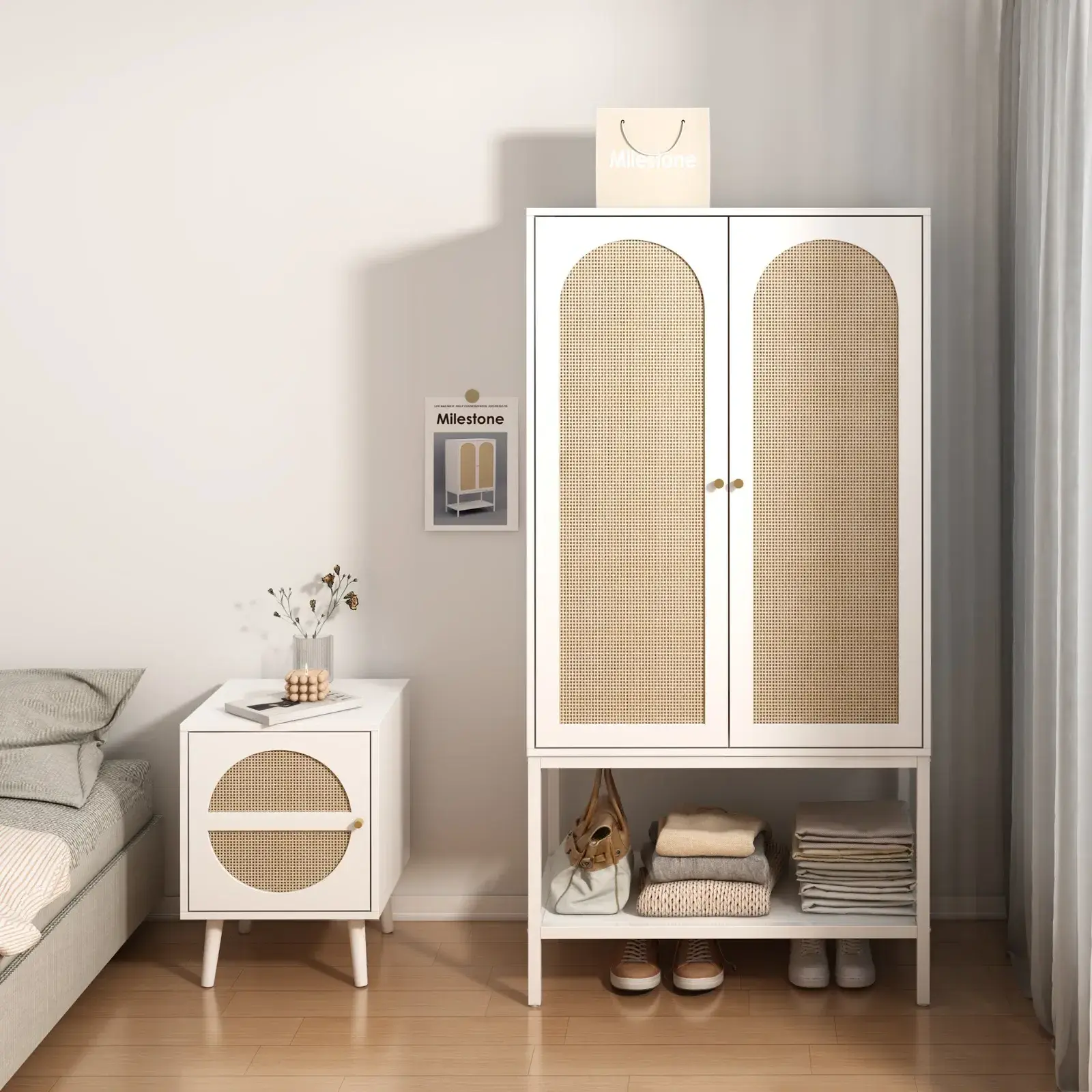 Fair Price Rattan Door Storage Closet Bedroom Cabinet Wooden Wardrobe with Open Shelf