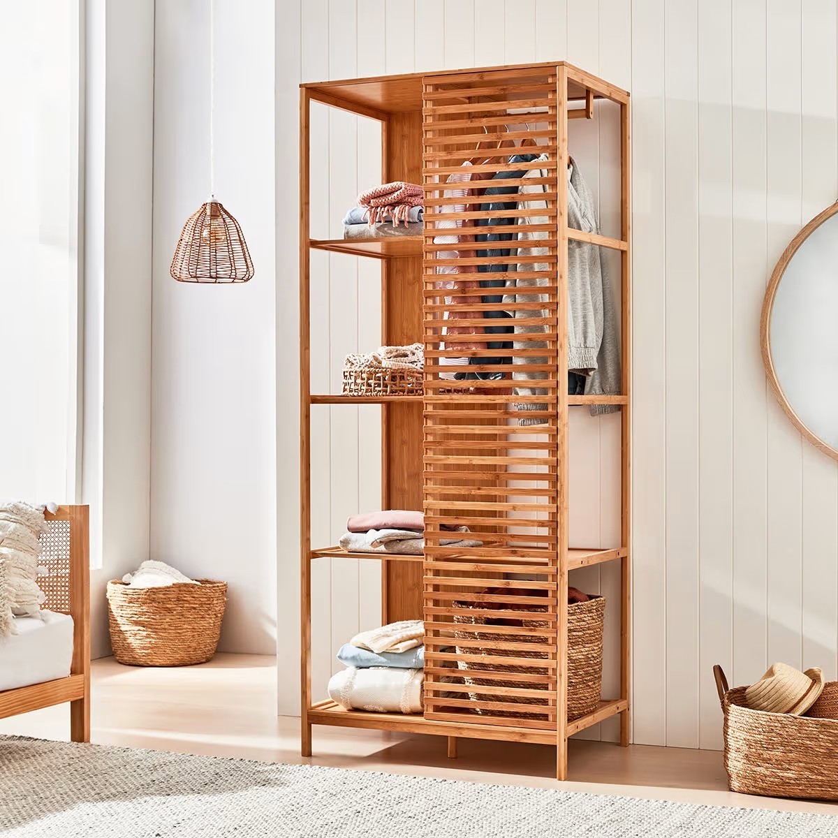 Rustic Design Freestanding Bamboo Wardrobe with Sliding Door Clothes Display Hanging Rack Stand Cloth Hanger Rack