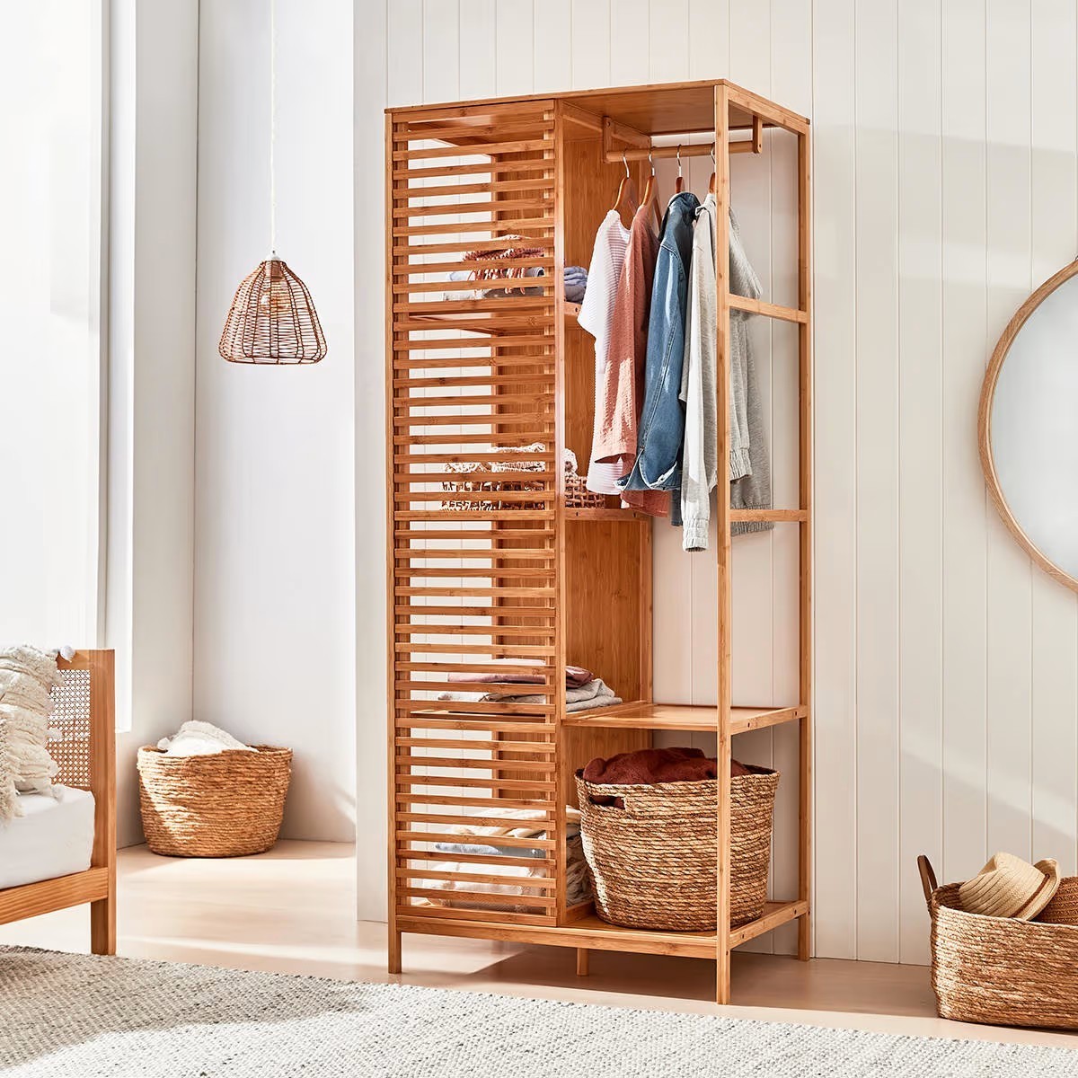 Rustic Design Freestanding Bamboo Wardrobe with Sliding Door Clothes Display Hanging Rack Stand Cloth Hanger Rack