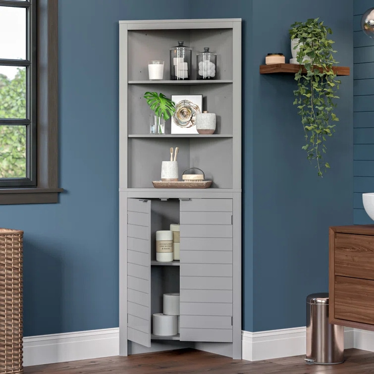 Elegant tall small custom wooden linen cabinets corner bathroom 5-tier storage shelf with door