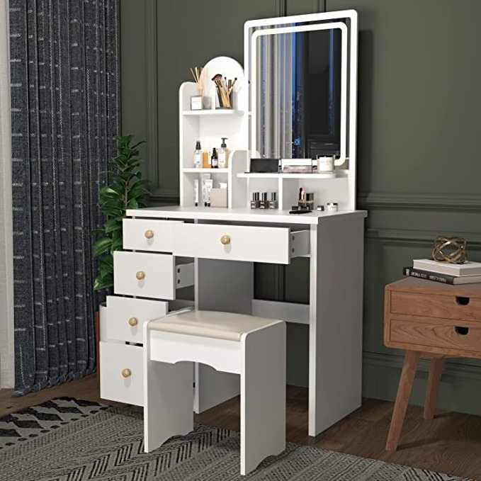 Modern Makeup Vanity Mirror Desk Wood Bedroom Nordic Dressing Table with LED Lights and Shelves