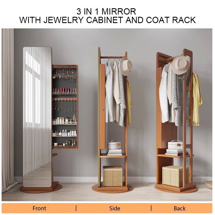 360 Degree Rotatable Full Body Mirror with Jewelry Storage Cabinet Freestanding Jewelry Armoire Organizer Foldable Makeup Shelf