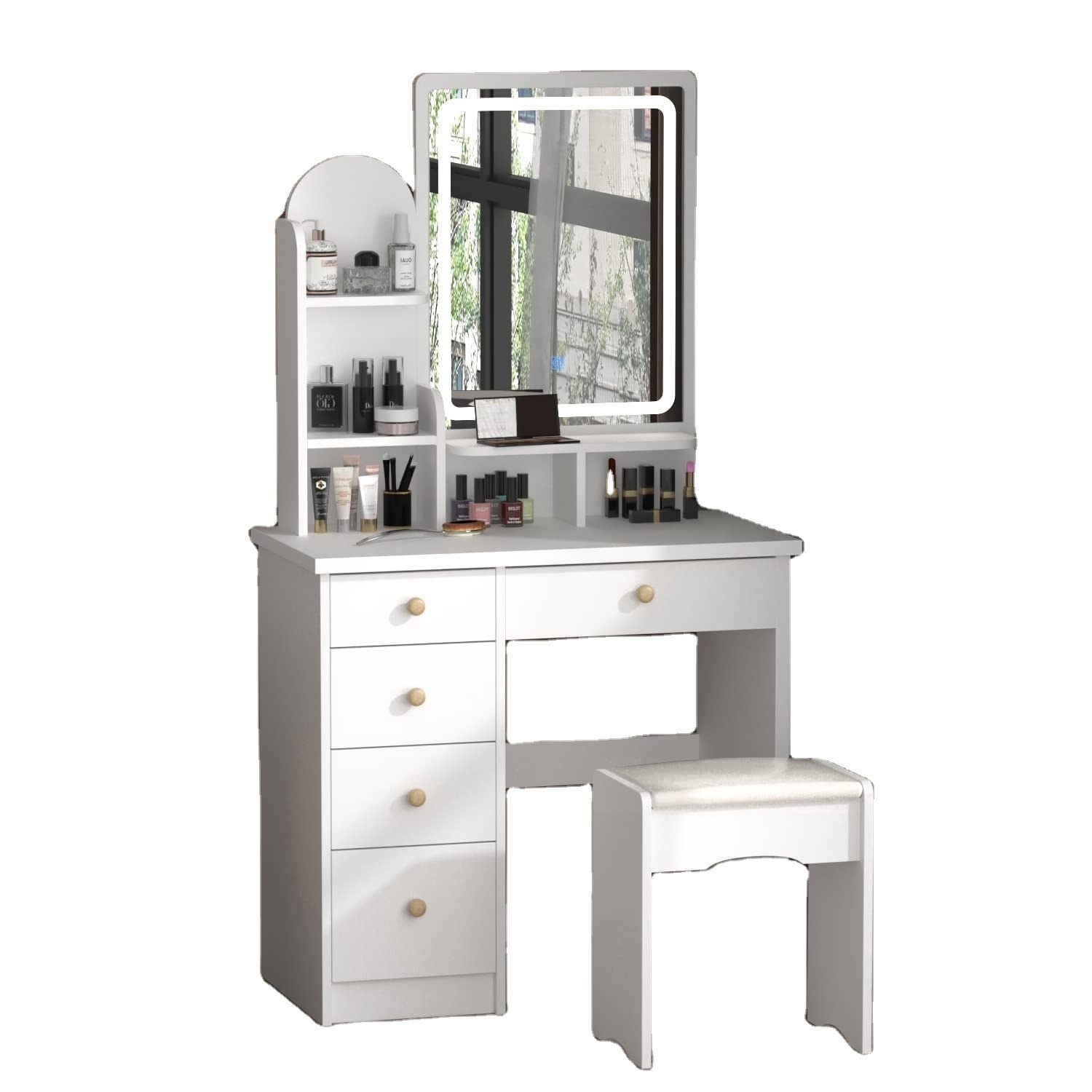 Modern Makeup Vanity Mirror Desk Wood Bedroom Nordic Dressing Table with LED Lights and Shelves