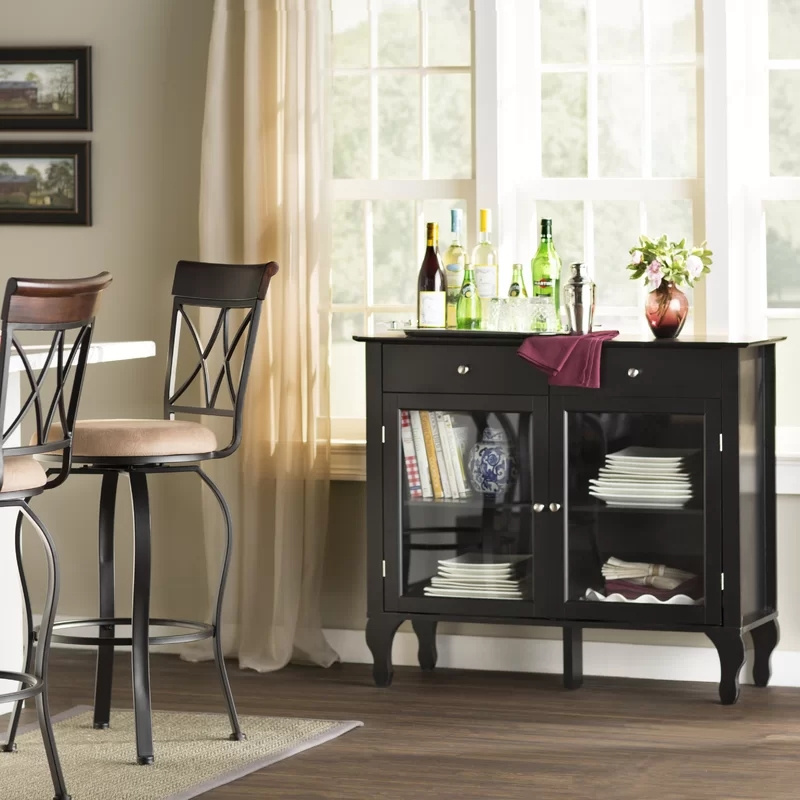 Pantry Cabinet Black Finish Kitchen Display Cabinet Luxury Wood Sideboard with glass doors