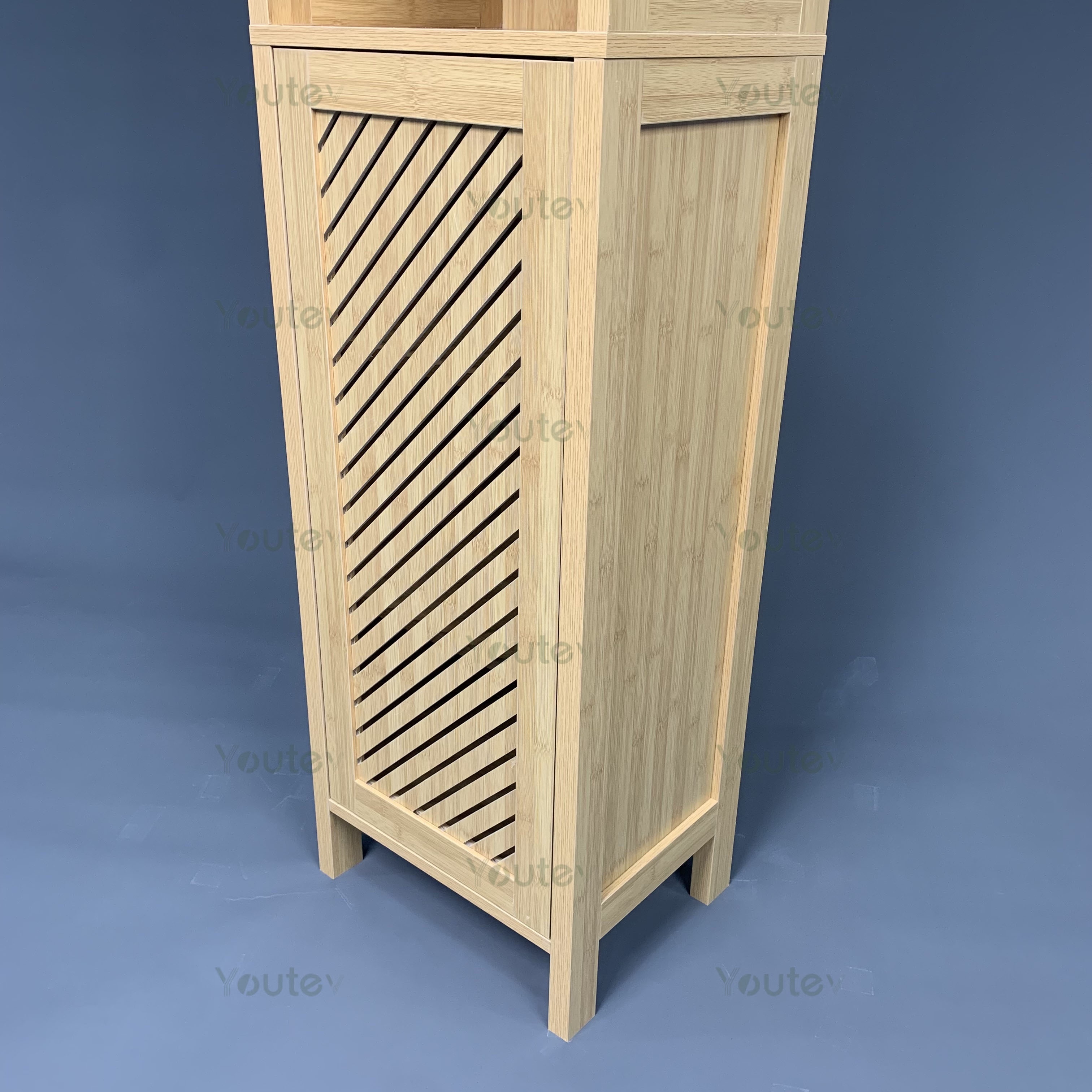 Bathroom Floor Cabinet with 3 Shelves and Slatted Door Slim and Freestanding Linen Tower with Storage