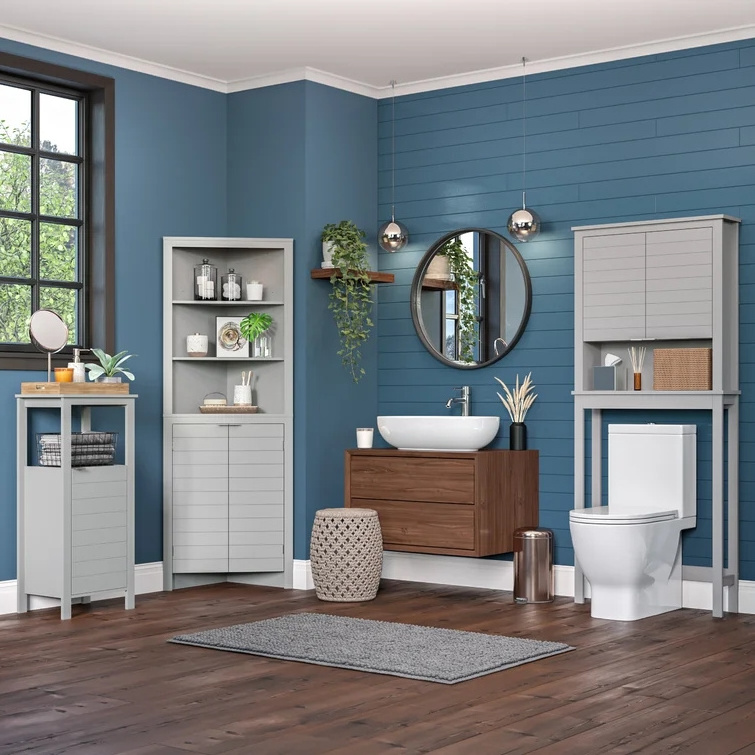 Elegant tall small custom wooden linen cabinets corner bathroom 5-tier storage shelf with door