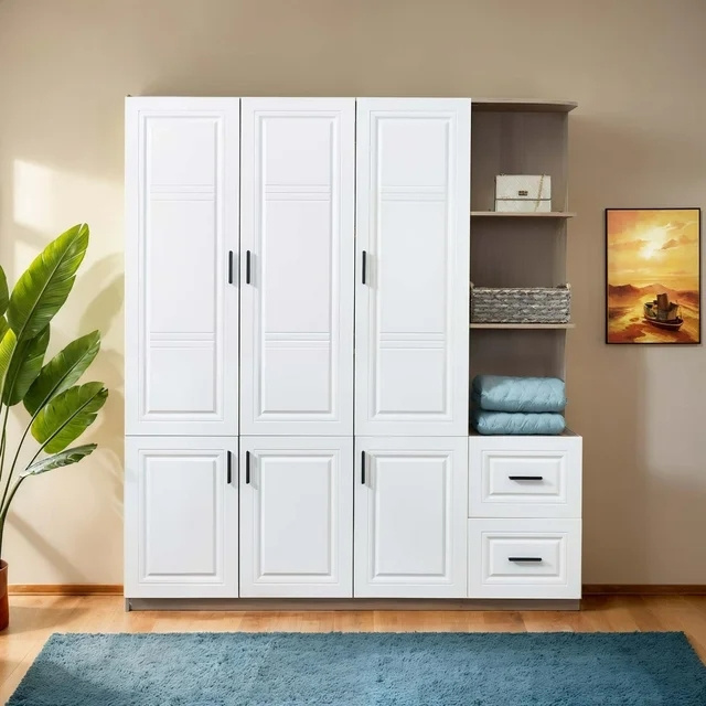 Wooden Wardrobe Closet Cabinet 3-Door  2 Drawers Wardrobe Closet  Large Storage Armoire Wardrobe Closet Cabinet for Home Office