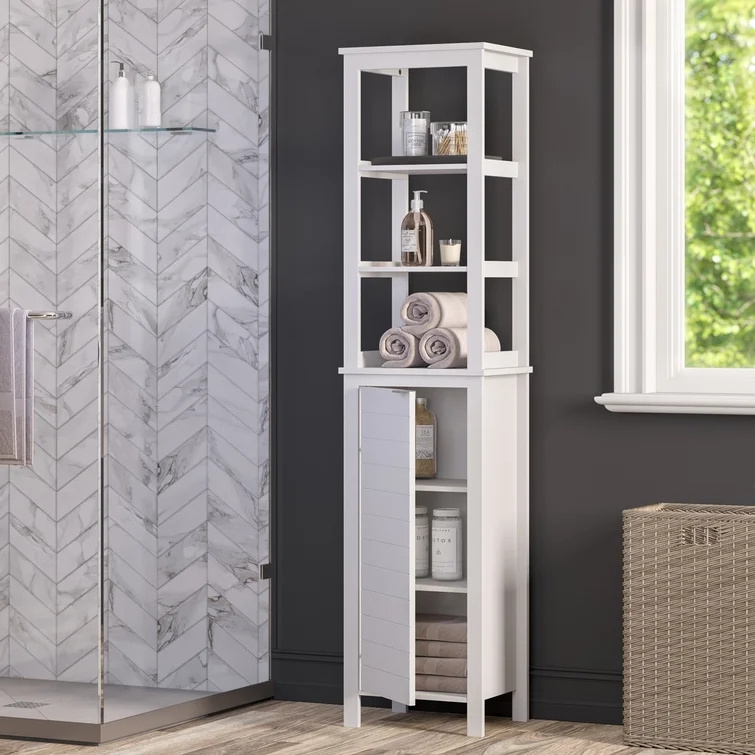 High quality MDF cube bathroom storage shelf  freestanding morden linen cabinet with 1 door 3 shelves