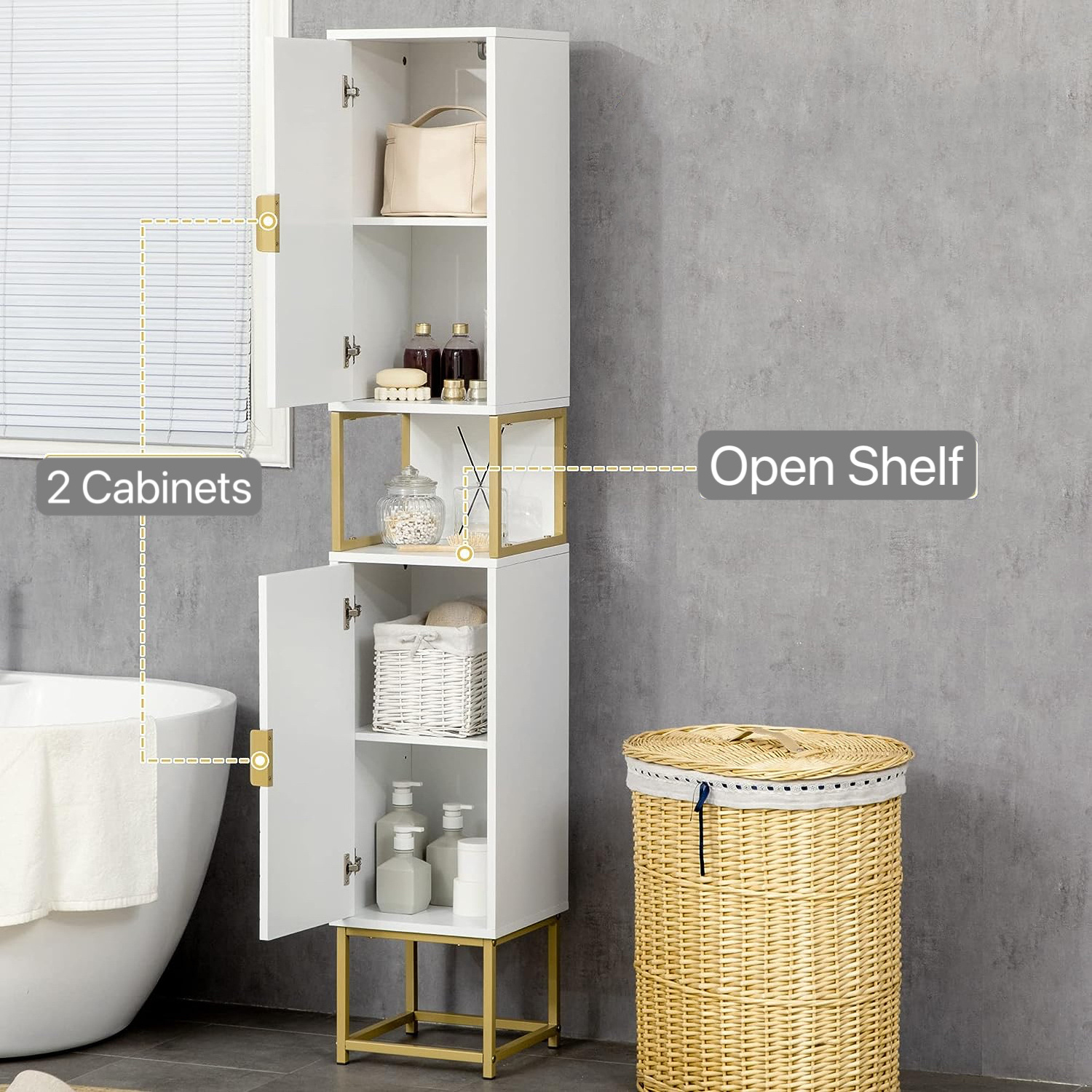 Home Storage Furniture Bathroom Tall Wood Linen Cabinet with Doors and Shelves Freestanding