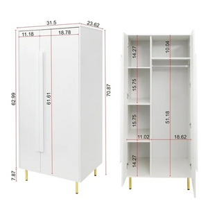 71"H Tall White Wooden Bedroom Wardrobe Closet Clothing Storage Cabinet with Hanging Rod Storage Cubbies