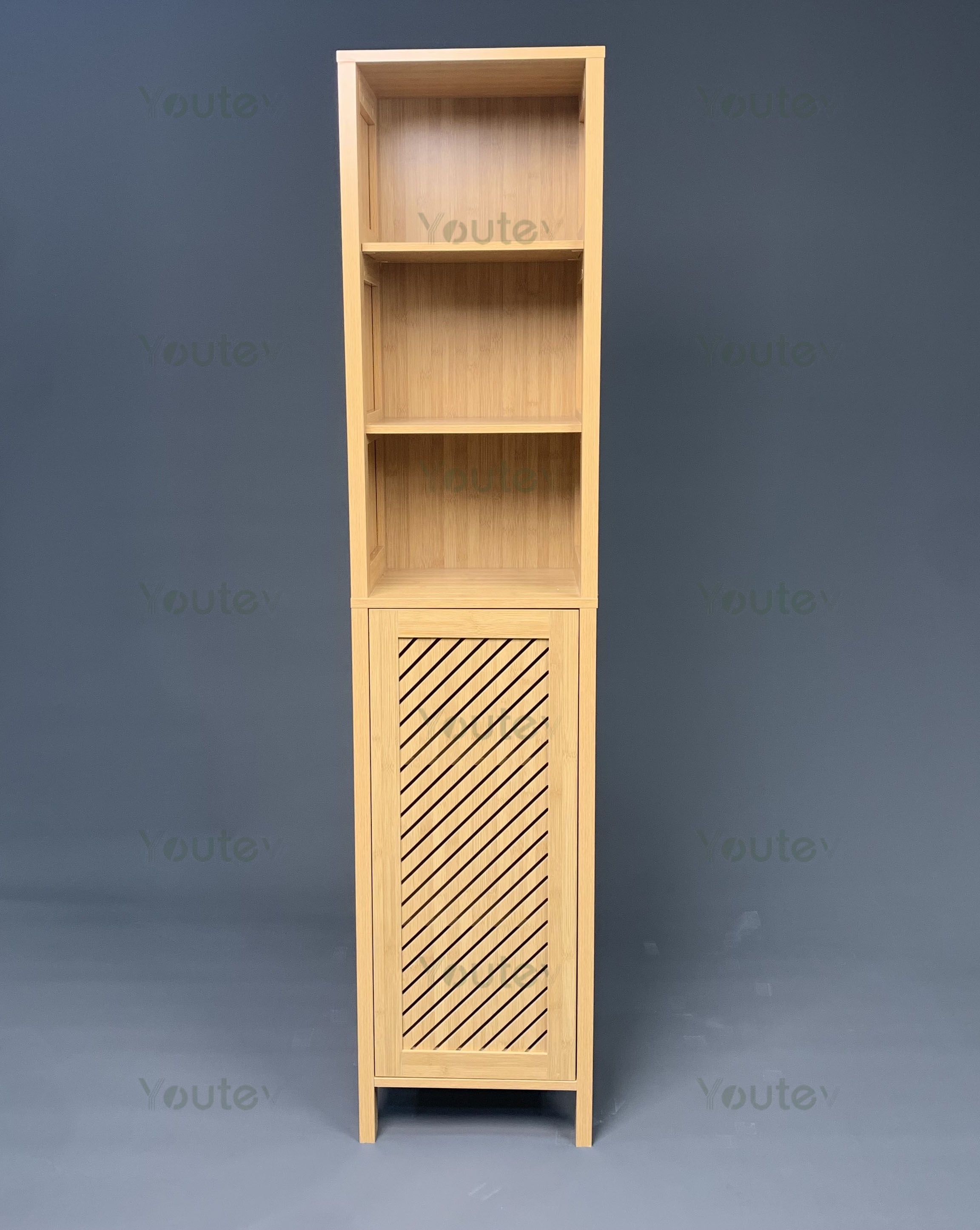 Bathroom Floor Cabinet with 3 Shelves and Slatted Door Slim and Freestanding Linen Tower with Storage