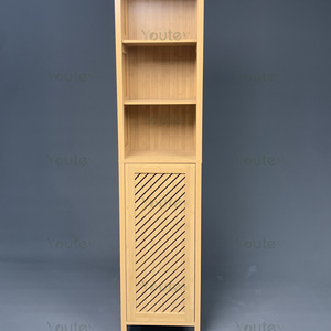 Bathroom Floor Cabinet with 3 Shelves and Slatted Door Slim and Freestanding Linen Tower with Storage